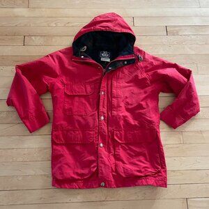 Vintage Woolrich Red Chore Jacket Plaid Wool Lined Leather Toggles Made in USA M